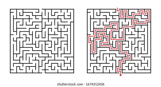 Vector Square Maze - Labyrinth with Included Solution in Black & Red. Funny & Educational Mind Game for Coordination, Problems Solving, Decision Making Skills Test.