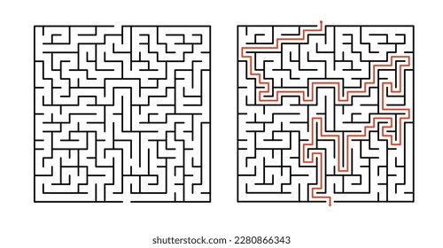 Vector Square Maze - Labyrinth with Included Solution in Black  Red. Funny  Educational Mind Game for Coordination, Problems Solving, Decision Making Skills Test.