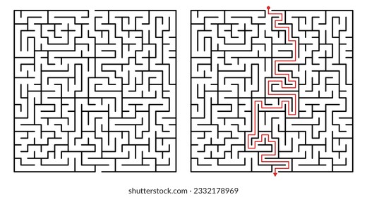 Vector Square Maze. Labyrinth with Included Solution in Black  Red. Funny  Educational Mind Game for Coordination, Problems Solving, Decision Making Skills Test.