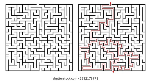Vector Square Maze. Labyrinth with Included Solution in Black  Red. Funny  Educational Mind Game for Coordination, Problems Solving, Decision Making Skills Test.