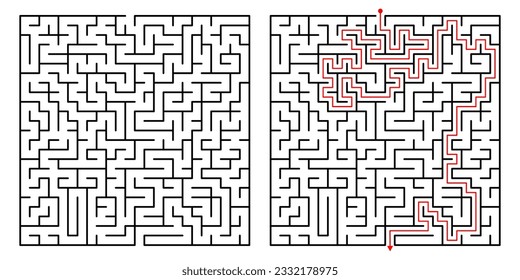 Vector Square Maze. Labyrinth with Included Solution in Black  Red. Funny  Educational Mind Game for Coordination, Problems Solving, Decision Making Skills Test.