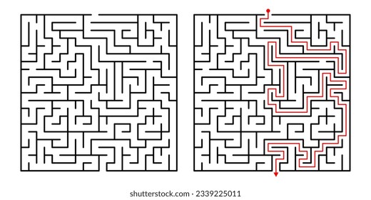 Vector Square Maze. Labyrinth with Included Solution in Black  Red. Funny  Educational Mind Game for Coordination, Problems Solving, Decision Making Skills Test.