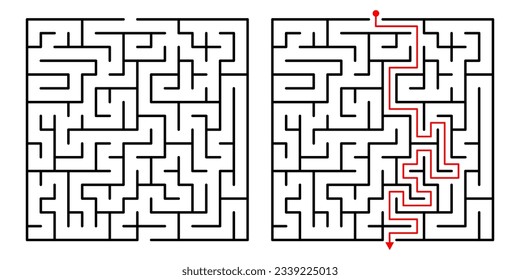 Vector Square Maze. Labyrinth with Included Solution in Black  Red. Funny  Educational Mind Game for Coordination, Problems Solving, Decision Making Skills Test.