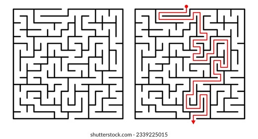 Vector Square Maze. Labyrinth with Included Solution in Black  Red. Funny  Educational Mind Game for Coordination, Problems Solving, Decision Making Skills Test.