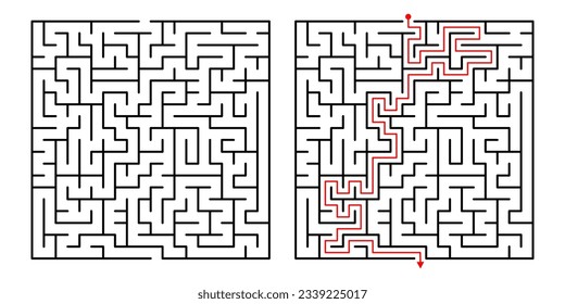 Vector Square Maze. Labyrinth with Included Solution in Black  Red. Funny  Educational Mind Game for Coordination, Problems Solving, Decision Making Skills Test.