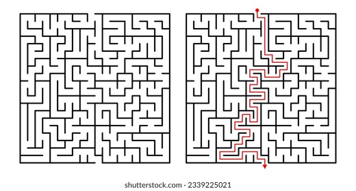 Vector Square Maze. Labyrinth with Included Solution in Black  Red. Funny  Educational Mind Game for Coordination, Problems Solving, Decision Making Skills Test.