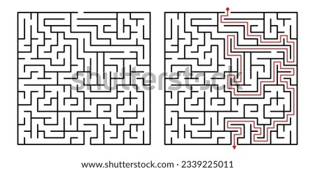 Vector Square Maze. Labyrinth with Included Solution in Black  Red. Funny  Educational Mind Game for Coordination, Problems Solving, Decision Making Skills Test.