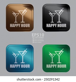 Vector : Square Metallic Style Happy Hour Sticker, Label, Button or Icon