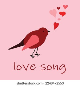 Vector square minimalistic illustration with red bird and hearts on pale pink. Can be used as Valentine's day card, party invitation, tag, print, social media template. 