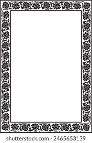 Vector square monochrome black Indian national ornament. Ethnic plant border. Flowers frame. Poppies and leaves.
