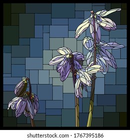 Vector square mosaic with blooming blue chionodoxa flower in stained glass window.