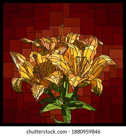 Vector square mosaic with blooming bouquet of yellow lilies in stained glass window.