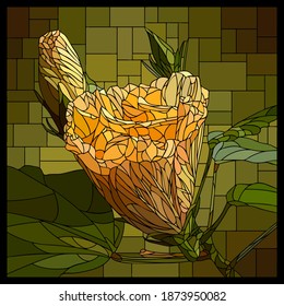 Vector square mosaic with blooming cream hibiscus flower in stained glass window.
