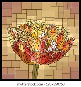 Vector square mosaic with blooming flower of red velvety tulip in stained glass window.