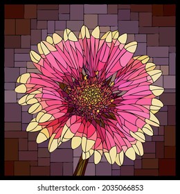 Vector square mosaic with blooming gaillardia flower in stained glass window.