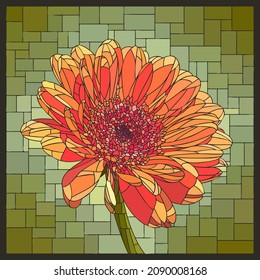 Vector square mosaic with blooming orange gerbera flower in stained glass window.