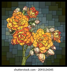 Vector square mosaic with blooming orange Kalanchoe flowers in stained glass window.