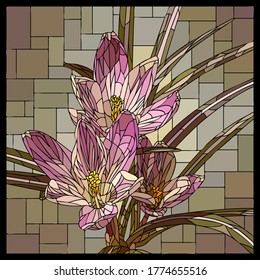 Vector square mosaic with blooming pink crocuses flower in stained glass window.