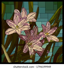 Vector square mosaic with blooming pink chionodoxa flower in stained glass window.