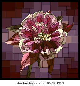 Vector square mosaic with blooming pink aquilegia flower in stained glass window.