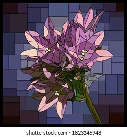 Vector square mosaic with blooming purple campanula flower in stained glass window.