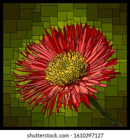 Vector square mosaic with blooming red erigeron in stained-glass window.