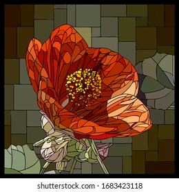 Vector square mosaic with blooming red abutilons flower in stained glass window.