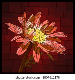 Vector square mosaic with blooming red pyrethrum flower in stained glass window.