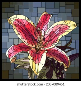 Vector square mosaic with blooming red lily flower in stained glass window.