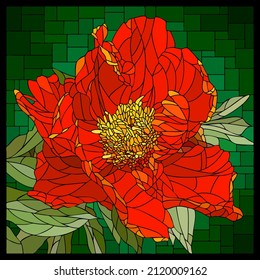 Vector square mosaic with blooming red peony flower in stained glass window.