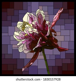 Vector square mosaic with blooming violet aquilegia flower in stained glass window.