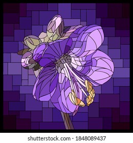 Vector square mosaic with blooming violet Polemonium flower in stained glass window.