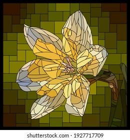 Vector square mosaic with blooming white and yellow narcissus flower in stained glass window.