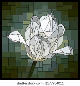 Vector square mosaic with blooming white tulip flower in stained glass window.