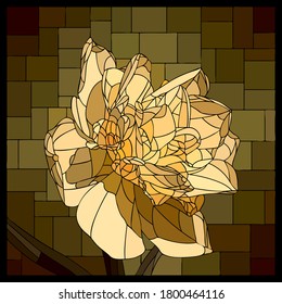 Vector square mosaic with blooming yellow narcissus flower in stained glass window.