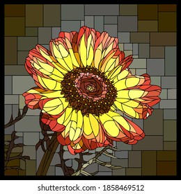 Vector square mosaic with blooming yellow tricolor chrysanthemum in stained glass window.