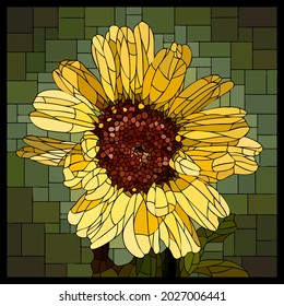 Vector square mosaic with blooming yellow chrysanthemum flower in stained glass window.