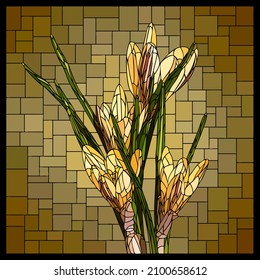 Vector square mosaic with blooming yellow crocus flowers in stained glass window.