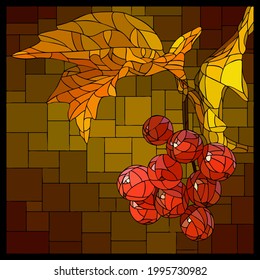 Vector square mosaic of viburnum branch with a bunch of berries in stained glass window.