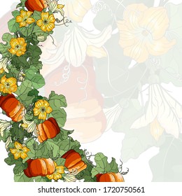 Vector square multicolored autumn card. Wave of pumpkins, leaves and flowers on multicolored background. Hand line drawing. Template for Thanksgiving greeting card, Harvest festival invitation.