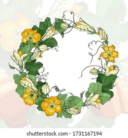 Vector square multicolored autumn card. Wreath of colorful leaves and flowers of pumpkin on colorful background. Hand line drawing. Template for Thanksgiving greeting card, Harvest festival invitation