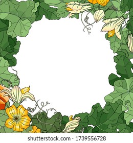 Vector square multicolored autumn card. Square frame of leaves and flowers of pumpkin on white background. Hand line drawing. Template for Thanksgiving greeting card, Harvest festival invitation.