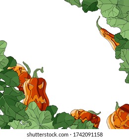 Tarjeta de otoño multicolor vectorial cuadrada. Marco de esquina con hojas verdes y calabazas sonrientes sobre fondo blanco. Dibujo de la línea de mano. Plantilla para tarjeta de Halloween. Calabaza feliz y horror.