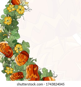 Vector square multicolored autumn card. Wave of smiling pumpkins, leaves and flowers on multicolored background. Hand line drawing. Template for Halloween card. Happy and horror pumpkin.