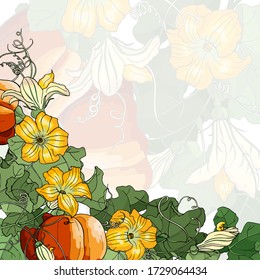 Vector square multicolored card. Corner frame with colorful pumpkins, leaves and flowers on multicolored background. Hand line drawing. Template for Thanksgiving greeting card. Harvest festival.