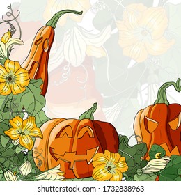 Vector square multicolored card. Corner frame with colorful smiling pumpkins, leaves and flowers on multicolored background. Hand line drawing. Template for Halloween card. Happy and horror pumpkin.