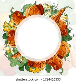 Vector square multicolored card. Wreath of colorful smiling pumpkins, leaves and flowers, round frame on multicolored background. Hand line drawing. Template for Halloween card. Happy, horror pumpkin.