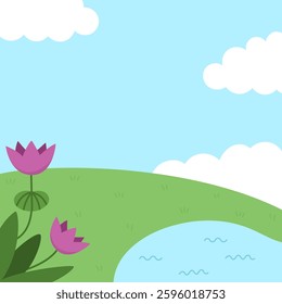 Vector square nature backgrounds. Country, farm or village landscape. Cute scenery with meadow, tree, bushes, sky, flowers, clouds. Forest or woodland scene illustration for kids
