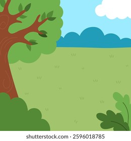 Vector square nature backgrounds. Country, farm or village landscape. Cute scenery with meadow, tree, bushes, sky, flowers, clouds. Forest or woodland scene illustration for kids
