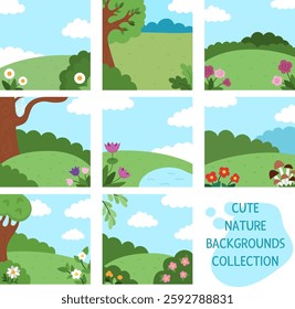 Vector square nature backgrounds set. Country, farm or village landscape collection. Cute scenery with meadow, trees, sky, flowers, clouds. Forest or woodland scene illustration for kids
